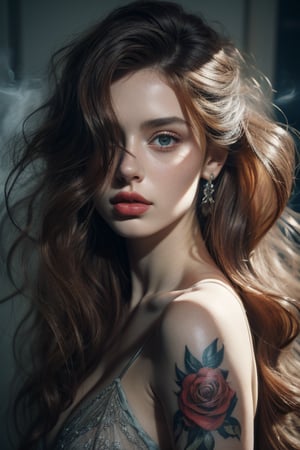 (masterpiece photography), (8k potrait) of extremely beautiful and gorgeous girl with a very long hair that covers one of her eyes smoking, tattoos