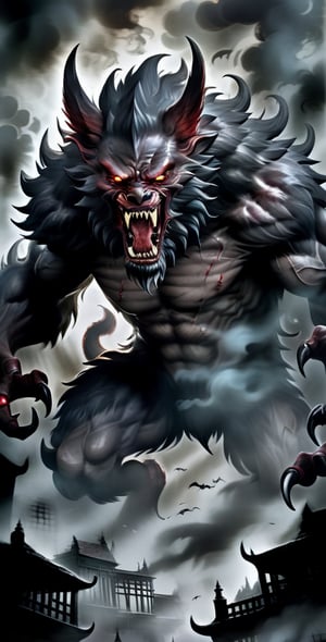 (dark colourful:1.3), (realistic), highly detailed, best quality, Imagine an extremely scarey monster creeping out of the shadows  of the Night who looks like a werewolf and bloodthirsty, but at the same time looks like a demon and the devil, spit drooling through the mouth of this mysterious beast, ((dark body covered in black smoke))