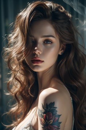(masterpiece photography), (8k potrait) of extremely beautiful and gorgeous girl with a very long hair that covers one of her eyes smoking, tattoos