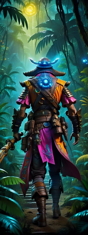 A futuristic space pirate walking through a dark enchanted jungle on an unknown planet at night, (extremely colorful:1.3), (psychedelic:1.2), (realistic), (Bioluminescence:1.3), highly detailed, hyper realistic, perfect artwork, masterpiece, best quality, highres, layered lighting,