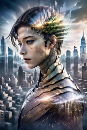 Double exposure portrait featuring a male humanoid android and city skyline, with the buildings perfectly blending into her hair and skin, chiaroscuro, volumetric lighting, 32k trendy abstract movie poster, cover artwork, minimal at maximum, artwork, highly detailed, studio lighting, mystical atmosphere, photography, perfect shading,