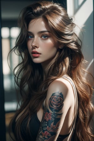 (masterpiece photography), (8k potrait) of extremely beautiful and gorgeous girl with a very long hair that covers one of her eyes, pipe, tattoos