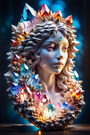 Colorful crystal cluster with light melding together to forming a human female face and chest, skin made out of crystal formations, living crystal. photo, studio lighting, Sony A7, 35mm, best quality, masterpiece, 8k, UHD, hyper-realistic, big depth of field, concept art, colors, hyperdetailed, hyperrealistic, (big depth of field), (ambient light), ((cinematic))