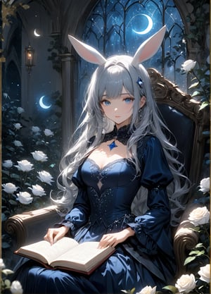 score_9,score_8_up,score_7_up,score_6_up, masterpiece, absurd, A delicate, bunny-eared beauty dressed in midnight-blue attire sits in a garden surrounded by ghostly white roses. Her dress sparkles with tiny stars, and a silver crescent moon hairpin decorates her hair. She gazes softly at a mysterious spellbook resting on her lap, as ethereal lights hover nearby. The scene, filled with shades of silver and deep blue, creates an atmosphere of enchantment, as if the garden is an otherworldly portal.