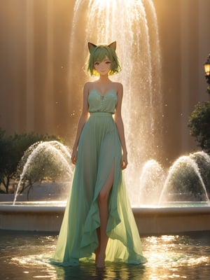 A whimsical masterpiece! A 22-year-old girl with cat ears and a short bob, donning a sensual smile, poses in front of a mysterious fountain. Her slender nose and green eyes sparkle under the soft glow of the light green (1.4) ambiance. Her high-detail skin glistens as she wears a flowing maxi skirt that flows like water around her legs. The camera captures her in a warm, golden light, with the fountains' gentle mist adding to the dreamy atmosphere.