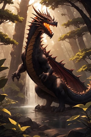 It depicts a dragon hiding in a quiet forest. The dragon's scales reflect light and shine in the sunlight that filters through the trees. Fantastic flowers and plants bloom around the dragon, creating a beautiful scene where the dragon and nature seem to be one. Deep in the forest, a faintly glowing waterfall can be seen, highlighting the dragon's presence.