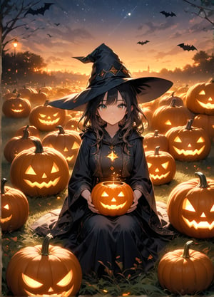 Prompt: score_9,score_8_up,score_7_up,score_6_up, masterpiece,absurdres, highres,best quality, ultra detailed,At twilight, a field of pumpkins glows under the stars, each one etched with calligraphy in Spanish caligrafía, Japanese Calligraphy  and Arabic خط. These glowing symbols radiate soft, warm light as they weave a protective spell around the field. A young witch with wide, curious eyes carefully inscribes new symbols on each pumpkin, her ink pot shimmering with stardust. Bats swirl in the sky, adding a touch of whimsy to the enchanted scene.