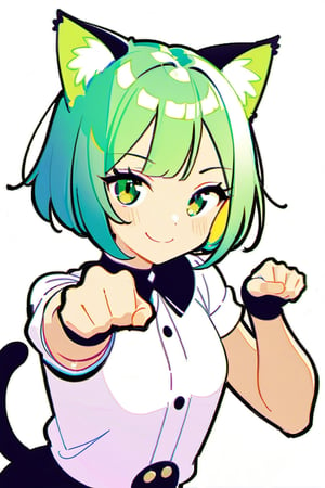 Smile, a girl, cat ears, (light green:1.4) Short Bob, Beautiful green eyes,paw pose