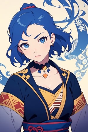 upper body,Beautiful blue-haired samurai girl with a cute choker around her neck,battle of sekigahara,dynamic angle,BREAK,((calligraphy patterns:1.4), artistic lettering, beautiful scripts, visual poetry, cultural expression, decorative writing)