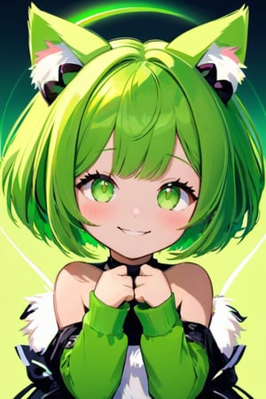 Smile, a girl, cat ears, (light green:1.4) Short Bob, Beautiful green eyes,paw pose