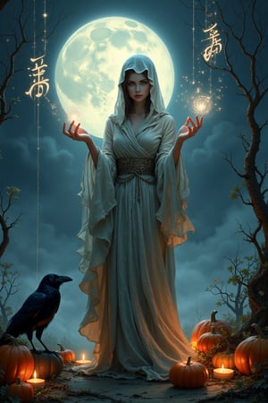 Prompt: score_9,score_8_up,score_7_up,score_6_up, masterpiece,absurdres, highres,best quality, ultra detailed,A mysterious sorceress draped in flowing silks and surrounded by a delicate, misty glow, stands under a full moon with ethereal calligraphy symbols illuminating the night air. Each symbol, intricately painted in French calligraphie, Japanese calligraphy and Arabic خط, seems to float as she whispers an ancient spell, casting a faint light that dances in the moonlit mist. Her expression is soft, exuding both wisdom and mystery. Her raven familiar sits by her side, eyes glinting in the moonlight, as pumpkins and twisted vines coil around her feet, giving a sense of timeless beauty and charm.