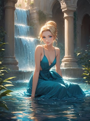 A masterpiece of surrealism: a 22-year-old siren with a radiant smile, piercing blue eyes, and slender, sensual nose. Her blonde bun hair is tied back, revealing a flawless complexion. She's dressed in a flowing Maxi skirt that falls just above her knees, paired with nothing else but a hint of mystery. The scene unfolds around her - a lush, super detailed background featuring an ancient mysterious fountain, its waters glistening like diamonds under the soft, diffused light.