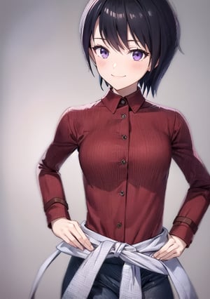 japanese building, girl, short hair, black hair, purple eyes, red hairpin, red collared shirt with flannel pattern, long sleeve, red jacket on waist, black jeans, standing, hands on waist, look at viewer, smile