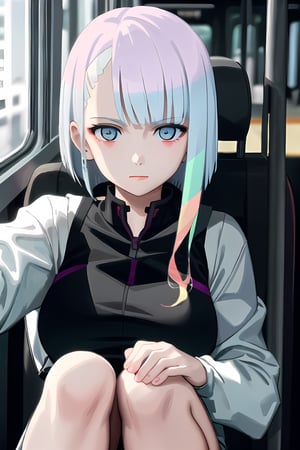 ((best quality)),((highly detailed)),masterpiece,absurdres,detailed face,beautiful face,(detailed eyes, deep eyes),1girl,((dynamic pose)) ,  lucy, multicolored hair, white bikini, solo, looking at viewer, bangs, multicolored eyes, smoke, long sleeves, short hair, night, cyberpunk, blunt bangs, makeup, upper body, , green hair, smerk, parted bangs, ,Lucy, sitting in bus, sitting in bus drivers seat, holding both hands on bus steering wheel, bus steering wheel, driving bus, bus interior