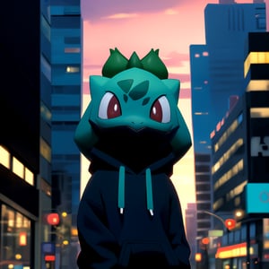 centered, masterpiece, face portrait, (frontal view, looking at front, facing viewer:1.2), | 1shy girl, solo,| (black mouth mask:1.2), dark blue hoodie, | city lights, sunset, buildings, urban scenery, | bokeh, depth of field, ,Bulbasaur_Pokemon