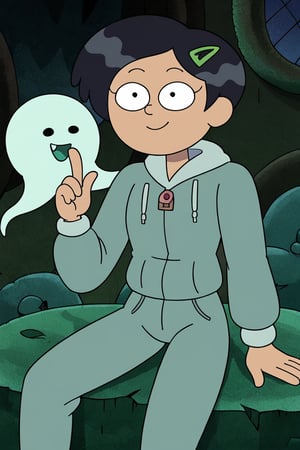 Marcy Wu, black hair, long hair, green hairclip, smiling, jumpsuit, sitting in haunted mansion, spooky mansion, ghost, green , short hair,grey hoodie