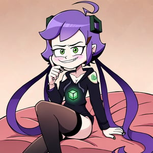 score_9, score_8_up, score_7_up, 1 girl, Amity Blight, short purple hair, ahoge, long twin tails, green eyes, black hoodie, glowing green cube on chest, glowing green tattoos on shoulder, open shoulders, black thighhighs, BREAK, sitting on bed, (hand on thigh), smug, full face blush, looking at viewer, cartoon,llmaws,KIRIKOLS,Charmcaster,IC0n
