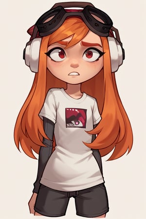 2D, score_9, score_8_up, score_7_up, BREAK, 1girl, solo, NormalMeggy, Orange Hair, Red Eyes, White Shirt, Grey Sleeves, Shorts, headphones, red beanie, goggles,