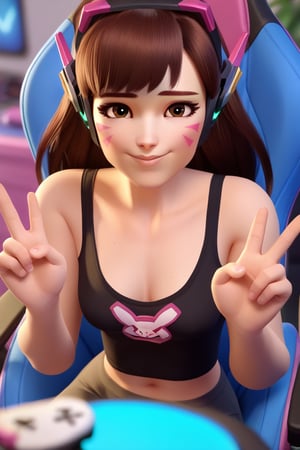 score_9, score_8_up, score_7_up, 1girl, solo, d.va \(overwatch\), long brown hair, brown hair, brown straight hair, brown eyes, sitting in a gaming chair, indoors, glowing, black croptop, cleavage, collarbone, small breast, bare shoulders, v, smiling, depth of field, upper body, face centered, cute pose, looking at viewer, gaming room background,