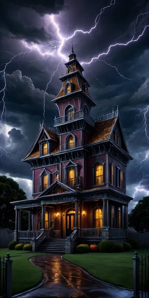 "Create a spine-chilling scene of a haunted house set amidst the backdrop of a tumultuous Halloween evening. The haunted house should exude an eerie and foreboding atmosphere. The stormy weather should be depicted with dramatic details, including rain, thunder, and lightning. The image should be highly detailed and photorealistic, capturing the sinister allure of the haunted house and the atmospheric intensity of the storm. Utilize a high-resolution setting and high-dynamic-range (HDR) techniques to enhance the mood."