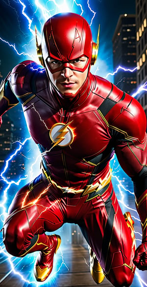 "Generate a dynamic and high-energy image of The Flash, the iconic superhero known for superhuman speed. Capture The Flash in a mid-action pose, showcasing his speed and agility. Pay meticulous attention to detail in rendering his costume, emphasizing the iconic lightning bolt symbol. Utilize a high-resolution setting to bring out the intricacies of the character and highlight the intensity of his superhuman abilities."