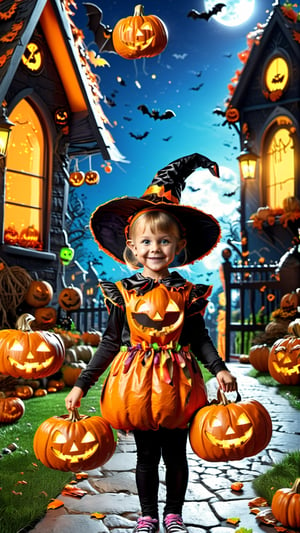 "Generate an astonishing 64K image capturing the essence of Halloween with a costumed child immersed in the activity of trick-or-treating. The scene should be set in a suburban neighborhood with HDR-enhanced lighting, adding layers of realism to the image. The child's costume should be highly detailed, and the surroundings should exude a festive Halloween atmosphere. Utilize Unreal Engine 5 for maximum realism. Ensure that the image showcases the intricate details of the child's costume, the neighborhood, and the vivid atmosphere."