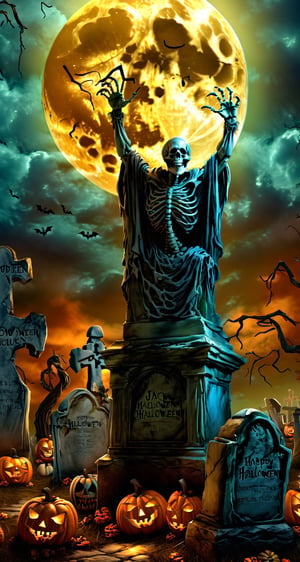 "Craft a jaw-dropping, hyperrealistic 8K image that brings to life a spine-tingling graveyard scene under the glow of a full moon on Halloween night. The scene should be filled with an eerie mist, and the jack-o'-lanterns should emit a ghostly, glowing light. Every detail should be immaculately rendered, from the tombstones to the misty atmosphere. Utilize high-resolution technology and high-dynamic-range (HDR) techniques to create a truly immersive and photorealistic masterpiece."