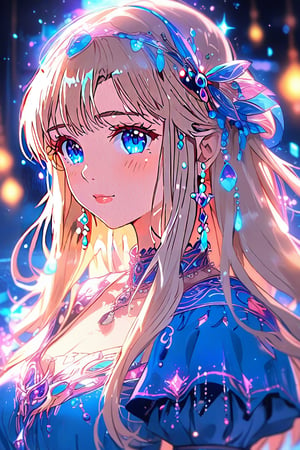 A stunning anime-style image of a solo, very beautiful girl with a himecut hairstyle, long blonde wavy hair, and bangs. She is dressed as a princess in a cute outfit, adorned with ornaments and jewelry, including earrings. Her blue eyes look directly at the viewer, with blush on her cheeks and parted lips. The image is of excellent quality, featuring light particles and water drops, with her eyelashes emphasized. The background is blurry, enhancing the masterpiece effect. FuturEvoLabAnime