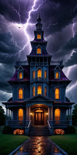 "Create a spine-chilling scene of a haunted house set amidst the backdrop of a tumultuous Halloween evening. The haunted house should exude an eerie and foreboding atmosphere. The stormy weather should be depicted with dramatic details, including rain, thunder, and lightning. The image should be highly detailed and photorealistic, capturing the sinister allure of the haunted house and the atmospheric intensity of the storm. Utilize a high-resolution setting and high-dynamic-range (HDR) techniques to enhance the mood."