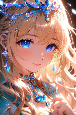 A stunning anime-style image of a solo, very beautiful girl with a himecut hairstyle, long blonde wavy hair, and bangs. She is dressed as a princess in a cute outfit, adorned with ornaments and jewelry, including earrings. Her blue eyes look directly at the viewer, with blush on her cheeks and parted lips. The image is of excellent quality, featuring light particles and water drops, with her eyelashes emphasized. The background is blurry, enhancing the masterpiece effect. FuturEvoLabAnime