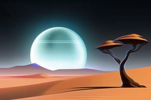 A desert planet with towering sand dunes and a single, solitary tree, inhabited by a nomadic alien tribe.
