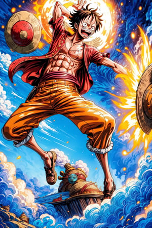 "Craft an awe-inspiring 4K illustration that depicts Monkey D. Luffy from 'One Piece' in a dynamic and action-packed pose, ready to unleash his Gear Second ability. The illustration should be hyper-detailed, capturing Luffy's iconic appearance, his vibrant personality, and the energy of the Gear Second transformation. Utilize a high-resolution setting to showcase the intricate details of the character, his clothing, and the intensity of the moment."