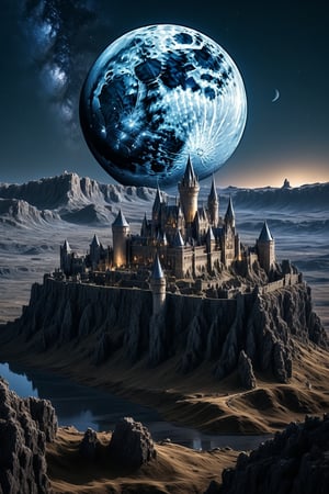 A majestic, ancient castle rises from the moon's surface, bathed in the soft, distant glow of the Earth. The medieval Gothic and futuristic architecture blend seamlessly, with towering spires and intricate stonework. Craters and rocky textures dominate the lunar landscape below, while a deep, starry expanse stretches above, the Milky Way shining brightly. In a medium shot, the Nikon D850 captures the full grandeur of the castle, set against the vastness of the lunar terrain.