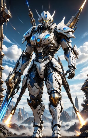 Masterpiece, Create a full body length of a warrior with blue color are flying in the sky.  Holding the big sword and rocket on the shoulder, Front view. Mechanical Armor. White armor. Firefly from: Star Rail. Extremely Realistic, Hyper Detailed, High quality, Cinematic Lighting Photography, nvidia rtx, super-resolution, unreal 5, subsurface scattering, pbr texturing, 32k UHD, Photorealistic, Hyperrealistic, Detailed, Octane, iso300.