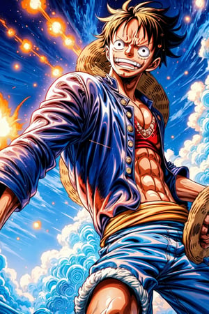 "Craft an awe-inspiring 4K illustration that depicts Monkey D. Luffy from 'One Piece' in a dynamic and action-packed pose, ready to unleash his Gear Second ability. The illustration should be hyper-detailed, capturing Luffy's iconic appearance, his vibrant personality, and the energy of the Gear Second transformation. Utilize a high-resolution setting to showcase the intricate details of the character, his clothing, and the intensity of the moment."