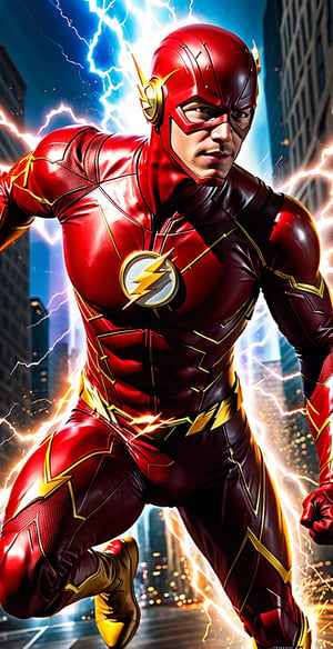 "Generate a dynamic and high-energy image of The Flash, the iconic superhero known for superhuman speed. Capture The Flash in a mid-action pose, showcasing his speed and agility. Pay meticulous attention to detail in rendering his costume, emphasizing the iconic lightning bolt symbol. Utilize a high-resolution setting to bring out the intricacies of the character and highlight the intensity of his superhuman abilities."