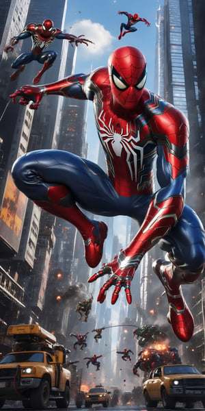 A sprawling metropolis serves as the backdrop for an intense battle scene. Angry Spiderman Mecha Robo Soldier stands tall, its blue armor glistening under cinematic lighting's warm glow. The anthropomorphic figure holds a golden staff in one hand and brandishes futuristic weapons with the other, ready to take down the enemy. Red lighting accents the suit's metallic sheen, as if infused with fiery determination. Reflection mapping creates an unparalleled level of realism, making this 32K UHD image feel like a window into a hyperdetailed world.