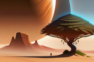 A desert planet with towering sand dunes and a single, solitary tree, inhabited by a nomadic alien tribe.