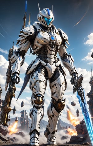 Masterpiece, Create a full body length of a warrior with blue color are flying in the sky.  Holding the big sword and rocket on the shoulder, Front view. Mechanical Armor. White armor. Firefly from: Star Rail. Extremely Realistic, Hyper Detailed, High quality, Cinematic Lighting Photography, nvidia rtx, super-resolution, unreal 5, subsurface scattering, pbr texturing, 32k UHD, Photorealistic, Hyperrealistic, Detailed, Octane, iso300.