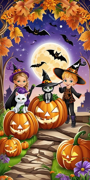 "Imagine a charming Halloween scene featuring a group of kids wearing intricate and imaginative Halloween costumes. The children should be portrayed in a fun and vibrant setting, with their costumes showcasing a high level of detail and creativity. The backdrop should exude a festive Halloween atmosphere. To capture the intricate costume designs, utilize a high-resolution setting and a wide-angle lens for a comprehensive view."