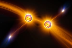 A binary star system with two suns, orbiting each other in a graceful dance, home to a race of alien astronomers.