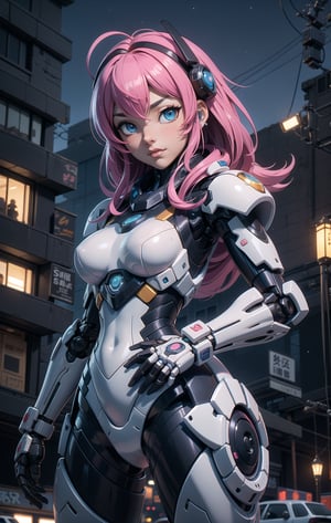 masterpiece,best quality,ultra-detailed, perfect hands,1girl,solo,, cyberpunk war zone  night city theme, long withe hair, blue eyes, mechanical parts,robot joints, blush,cowboy epic shot, ,sakamata, 
,TinkerWaifu,mecha musume,destiny /(takt op./),robot