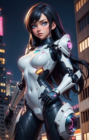 masterpiece,best quality,ultra-detailed, perfect hands,1girl,solo,, cyberpunk war zone  night city theme, (long withe hair), blue eyes, mechanical parts,robot joints, blush,cowboy epic shot, ,sakamata, 
,TinkerWaifu,mecha musume,destiny /(takt op./)