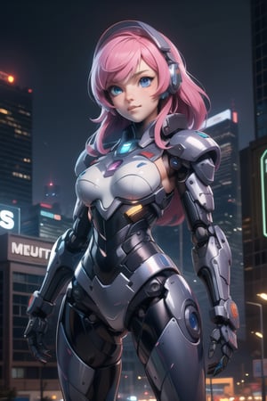 masterpiece,best quality,ultra-detailed, perfect hands,1girl,solo,, cyberpunk war zone  night city theme, long withe hair, blue eyes, mechanical parts,robot joints, blush,cowboy epic shot, ,sakamata, 
,TinkerWaifu,mecha musume,destiny /(takt op./),robot