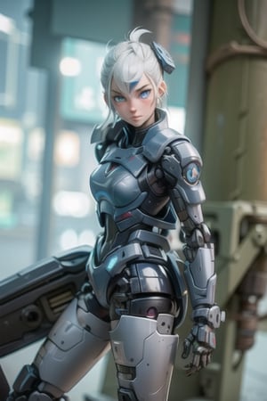 masterpiece,best quality,ultra-detailed, perfect hands,1girl,solo,, cyberpunk war zone  night city theme, long withe hair, blue eyes, mechanical parts,robot joints, blush,cowboy epic shot, ,sakamata, 
,TinkerWaifu,mecha musume,destiny /(takt op./),robot