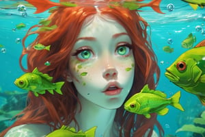 1girl, solo, long hair, looking at viewer surprised, green eyes, red hair, parted lips, water, lips, leaf, looking up, monster girl, partially submerged, freckles, fish, underwater, air bubble,