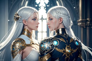 surreal photography of a stunningly beautiful cyborg female, white hair, blue eyes, embraced, delicate gold filigree, intricate detailed, glowing, in the style of beth cavener, jin kagetsu, and wlop, highly detailed, intricate filigree, chrome face symmetry, masterpiece, award - winning, sharp focus, concept art, high key, ambient lighting, 8 k, octane render