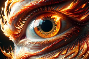 A mesmerizingly luminescent eye, like liquid fire flowing through glowing veins, is depicted in hyperreal detail in this fantasy and sci-fi-inspired image. Utilizing ray tracing and hyper-realistic techniques, the octane render captures a close-up view that feels almost tangible, akin to macro photography. The fiery intensity of the eye is intensified by the intricate detail, creating a visually stunning and immersive experience that transports viewers to a fantastical realm.,glitter,crystalz,DonM3l3m3nt4lXL
