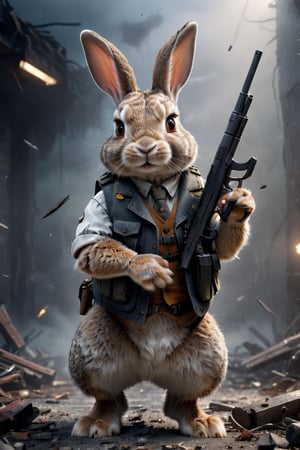 rabbit holding guns in its paws wearing vest, foggy background, dramatic lighting, debris flying around it, hyper details, ray tracing, 16K, QHD 