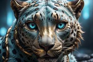 cyan and gold leopard face off, glowing eyes, hyperrealism, hyper details, ultra quality, cinematic, octane render, film photography, abstract style, fantasy art, energy flowing through, close up, face only